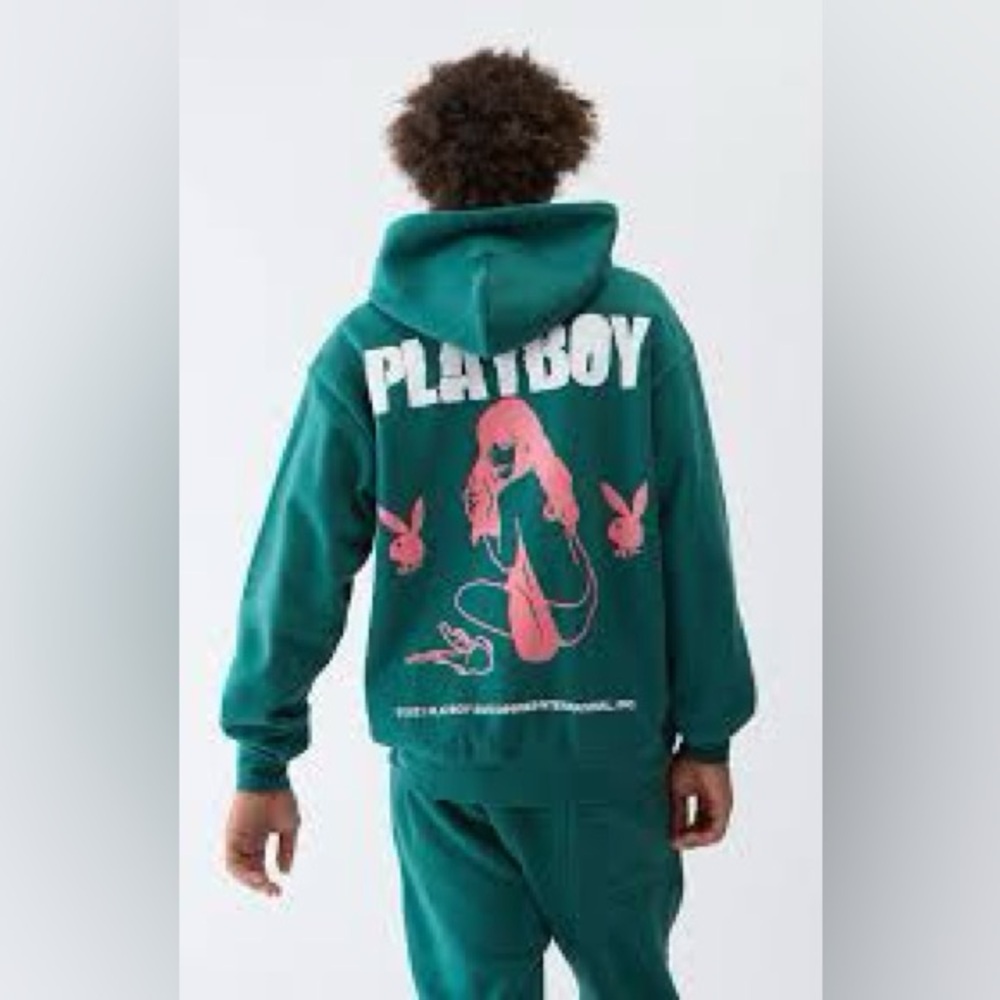 732 Playboy x PacSun Green Graphic Hoodie Fleece Sweatshirt Size Medium